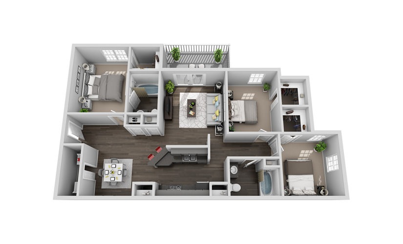 C1 - 3 bedroom floorplan layout with 2 bathrooms and 1271 square feet
