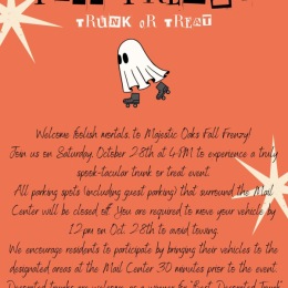 Mark your calendars for our annual Fall Frenzy ππ Trunk or Treat edition!!! Weβre looking to have a day full of fun with costume contests, candy, and Traciβs Cherished Collections to provide us with amazing food. 
Be there or be square π Instagram post from @majesticoaksapartments on October 25, 2023 17:24:57pm